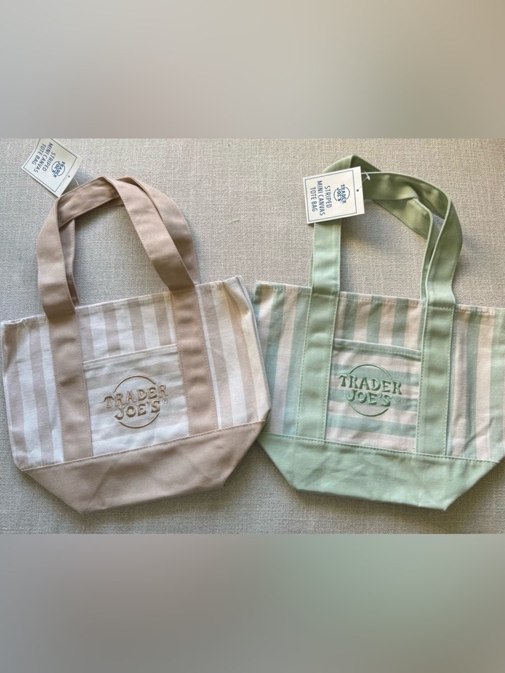 NEW Trader Joe's Striped Canvas Mini Tote Bags Set of 2 - Green and Tan